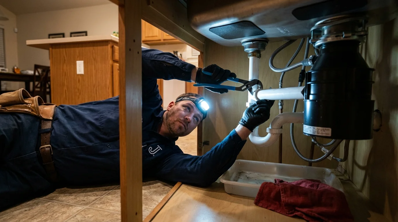 P-trap and supply line connections under a kitchen sink showing a common leak point in Forsyth, MO